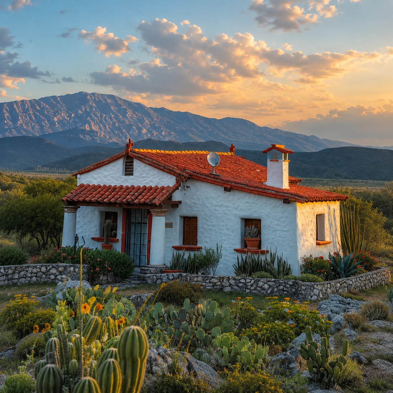 Rigo's Cantina hacienda with mountains at sunset