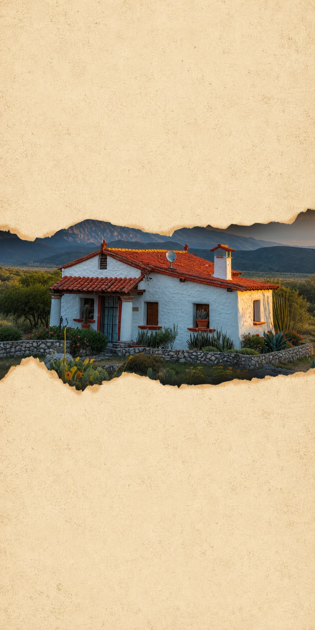 Rigo's Cantina hacienda framed by torn parchment